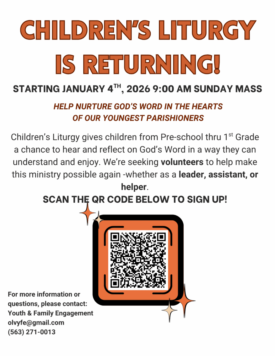 Children's Liturgy returning Jan 4, 2026, at JFK Catholic School.