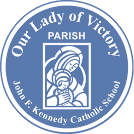 Logo of Our Lady of Victory Parish at JFK Catholic School site footer.