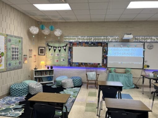 Classroom setup at JFK Catholic School for fourth grade students.