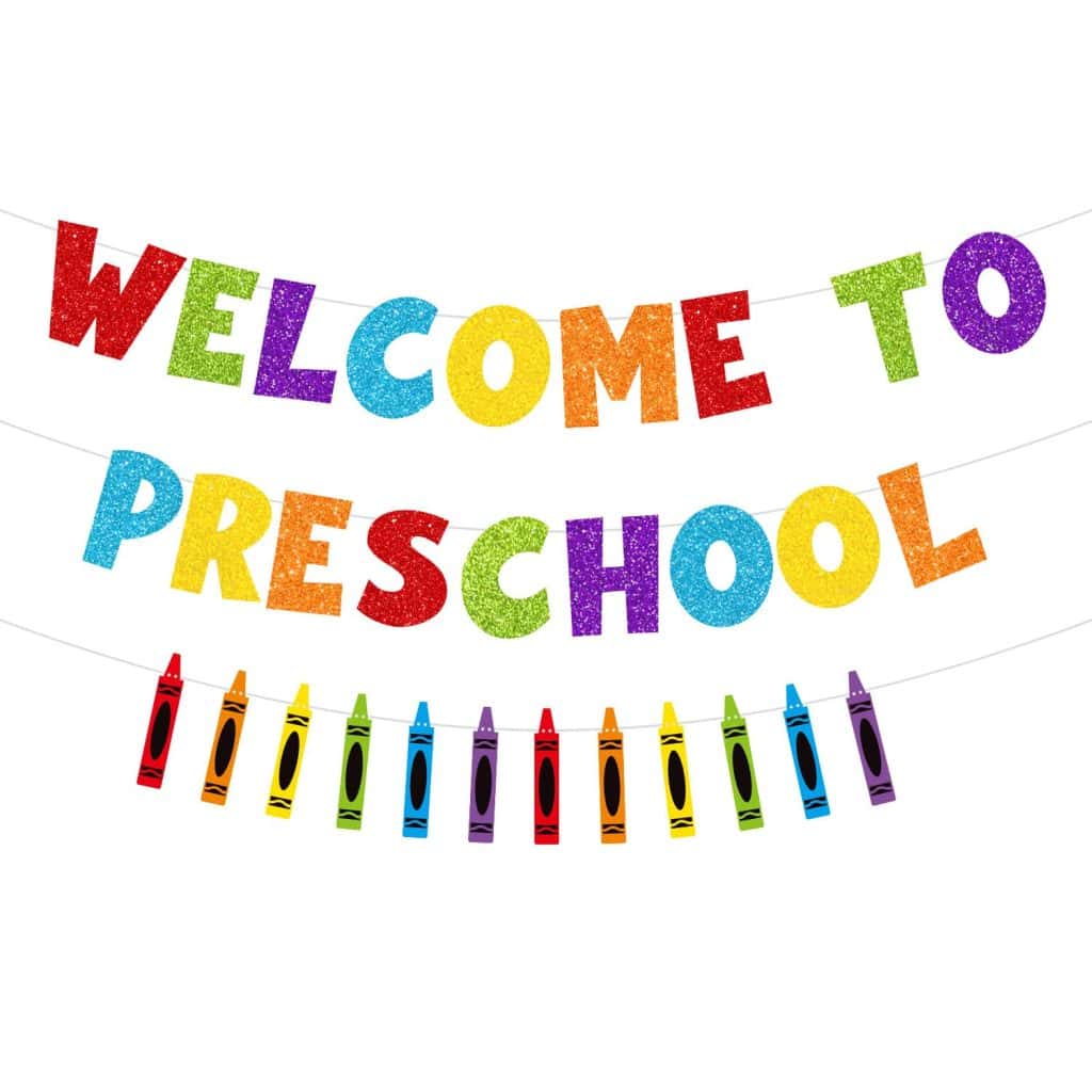 Welcome to preschool banner with colorful letters and crayons.