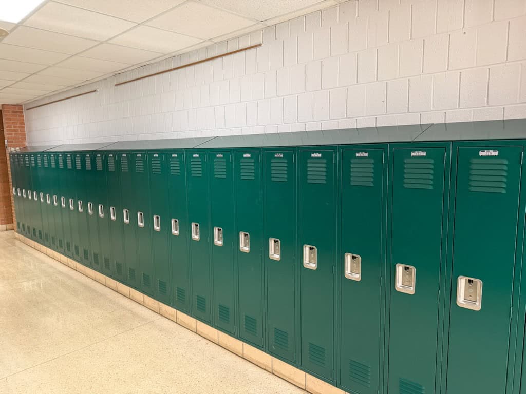 School lockers in JFK Catholic School hallway for student storage.
