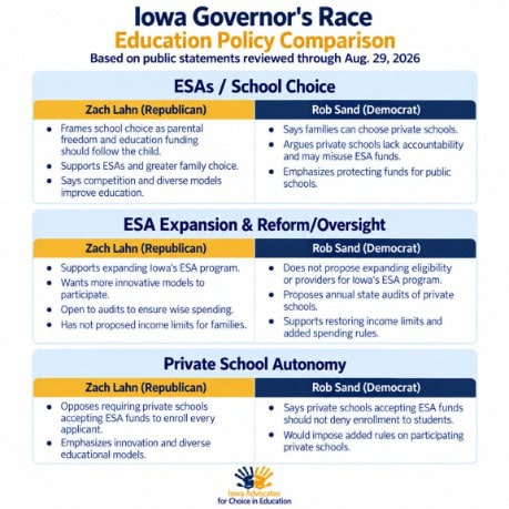 Iowa Governor's Race Iowa ACE.jpeg School infographic on education policy comparison and school choice options.